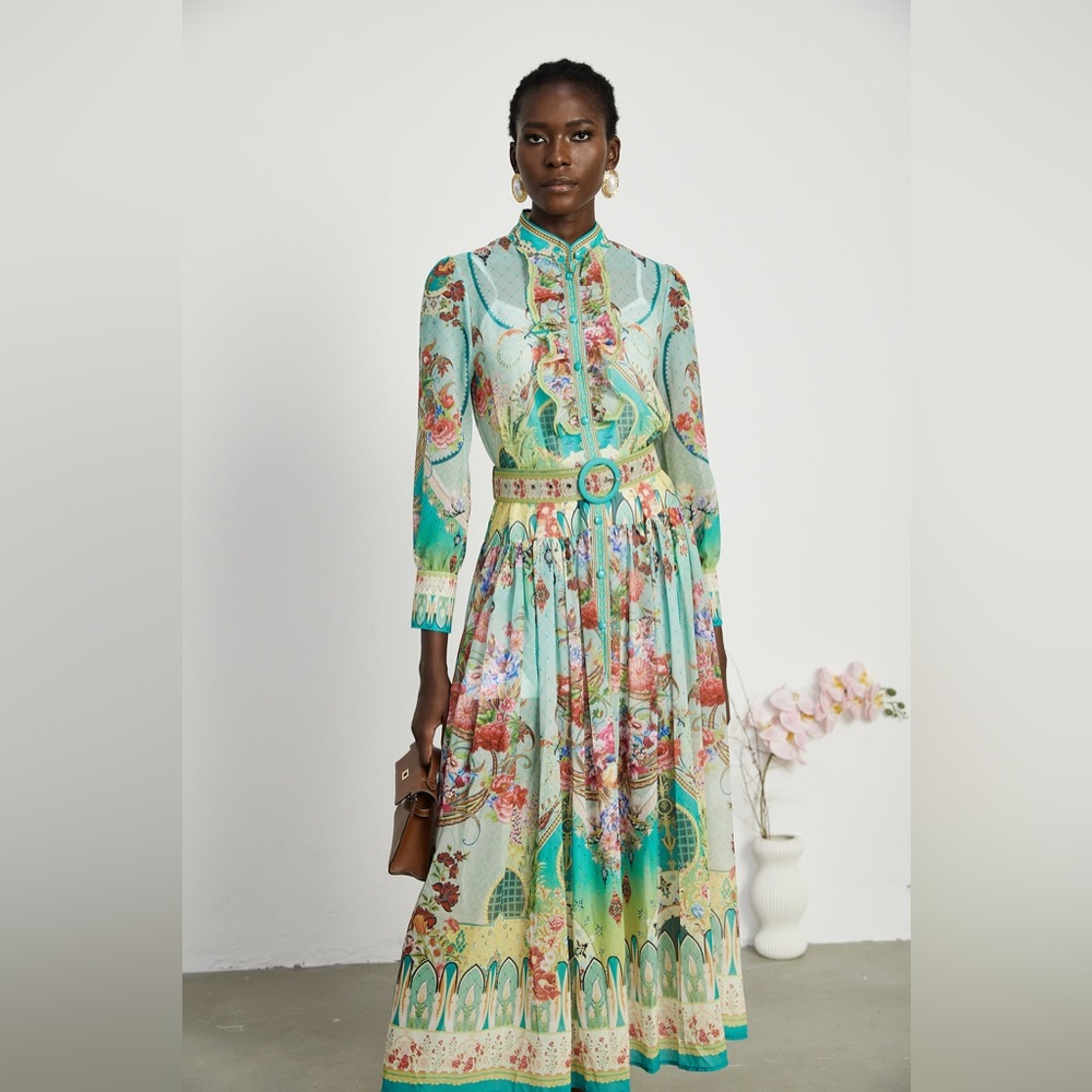 Juliette floral-print flounce-hem midi dress Miss Rosier NWT Sz M - Picture 2 of 10